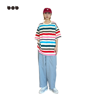 女原创设计条纹短袖 宽松街头圆领百搭创意体恤女士 T恤 白目自女装