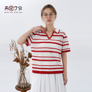 通勤简约复古条纹Polo领针织T恤女夏新款 宽松短袖 上衣 丙火丁火