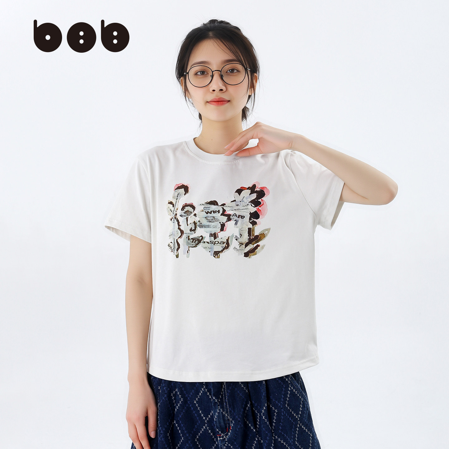 白目自.X韩系ins风白色报纸拼贴花朵短袖t恤女夏小众设计感小个子