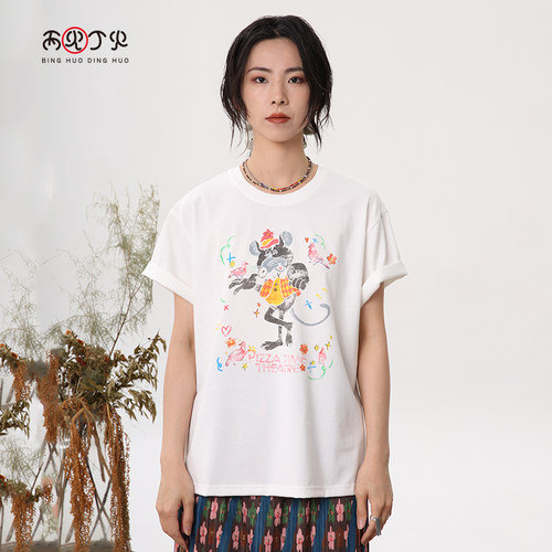 丙火丁火ins宽松设计感圆领t恤女