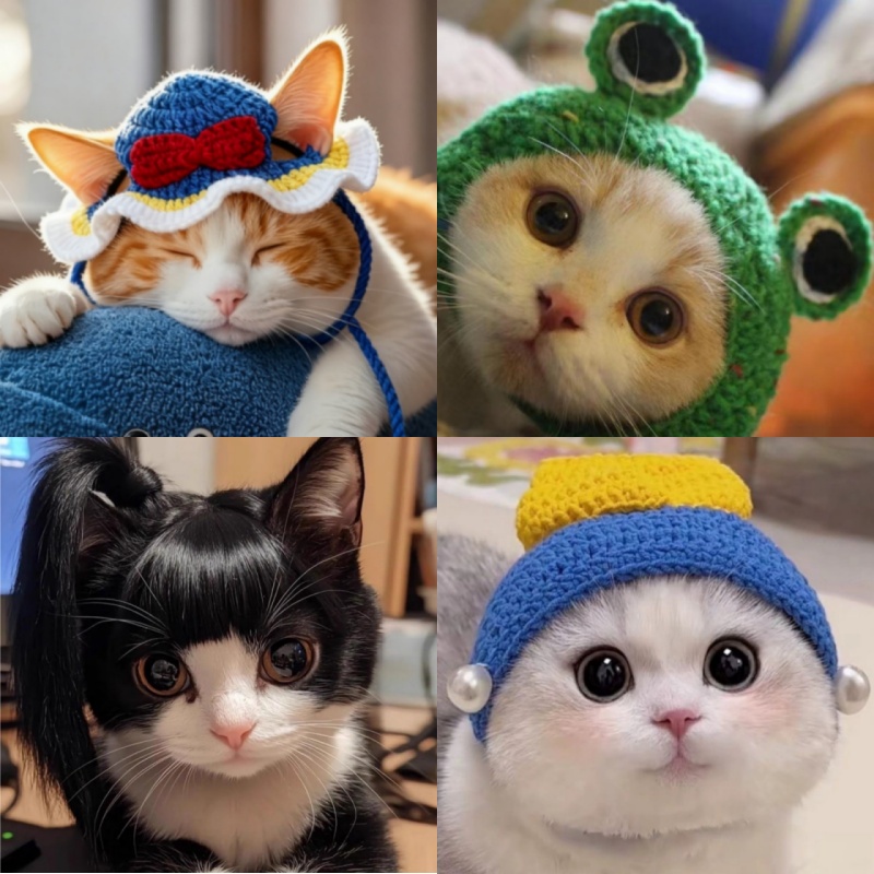 猫咪帽子露耳朵小猫头套狗狗头饰宠物针织帽搞笑可爱装饰小型犬
