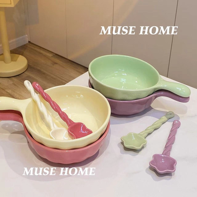 【手柄碗+麻花勺】ins陶瓷釉下彩烤碗酸奶甜品碗耐高温高颜值餐具