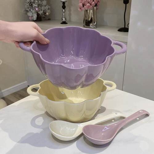 大容量汤碗勺子套装釉下彩陶瓷泡面碗螺蛳碗奶油风家用餐具水果碗