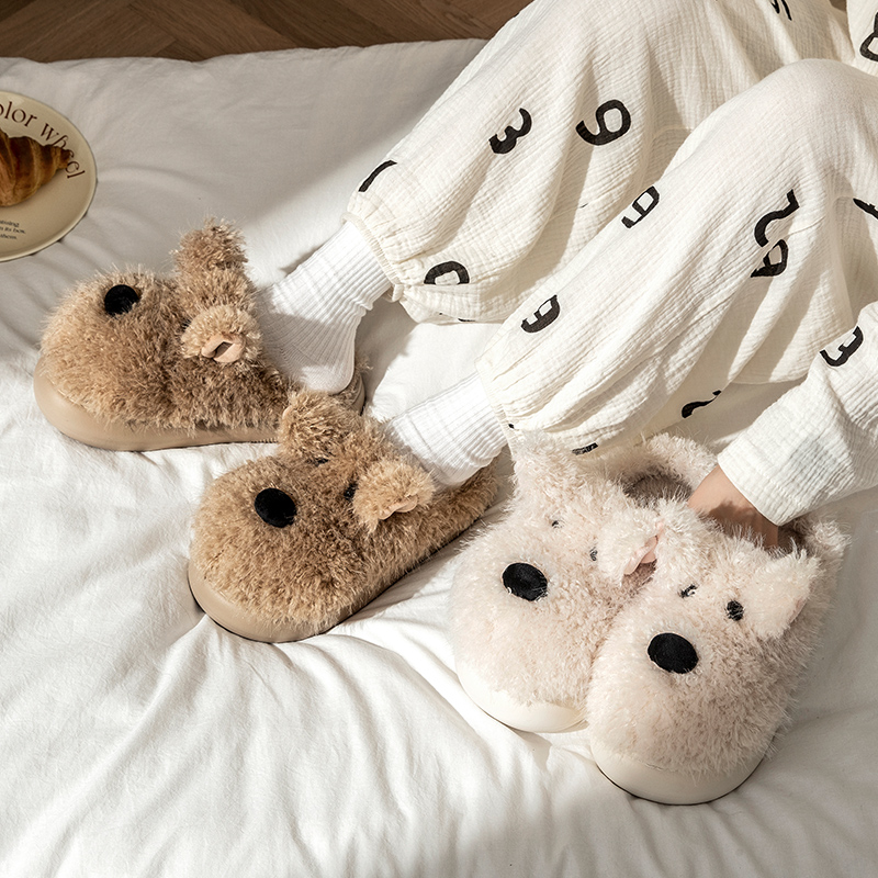 棉拖鞋女生居家情侣加绒加厚踩屎感卡通可爱毛绒小狗学生棉拖大童