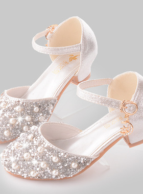 英国Netx sara儿童高跟公主皮鞋2024春夏新款女童珍珠亮钻水晶鞋