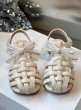 英国netx kiss女童凉鞋2025夏季编织蝴蝶结公主鞋韩版软底沙滩鞋