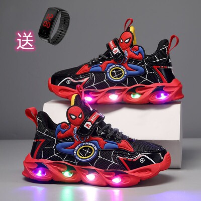 英国DGKP蜘蛛侠儿童亮灯运动鞋2025春秋新款男童网面透气发光鞋子