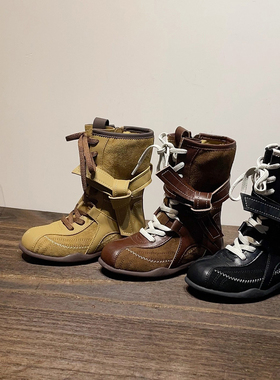 GSRG儿童新款牛皮复古中筒靴男女童百搭软底休闲西部牛仔靴德训靴