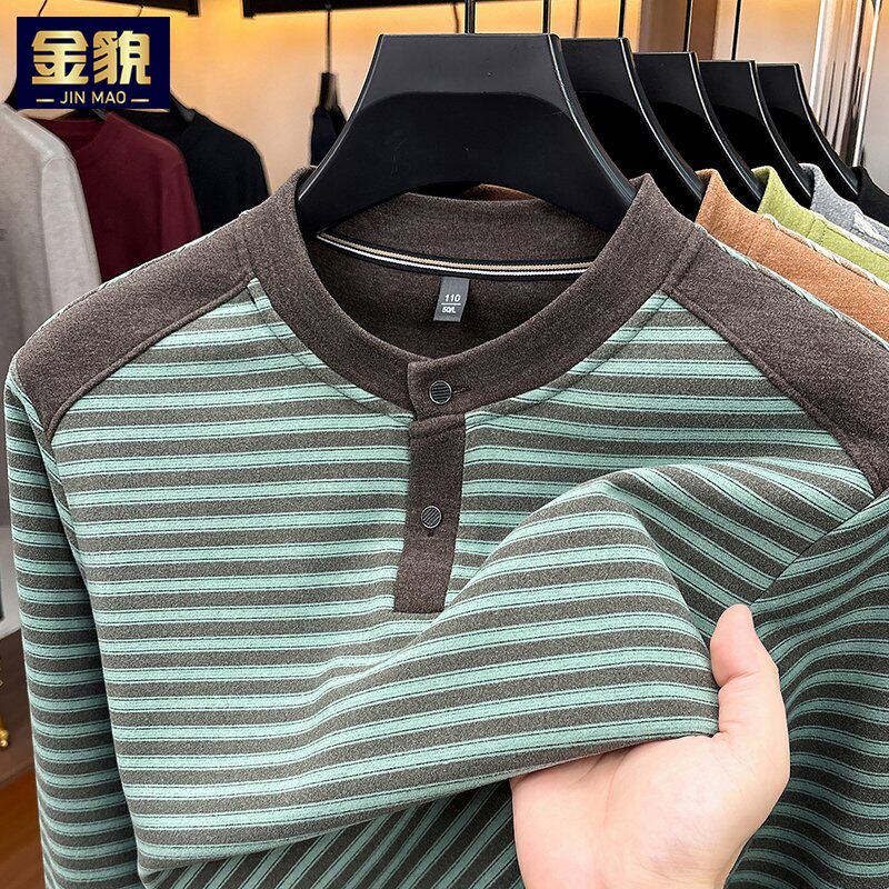 2026新款男士绿色条纹卫衣圆领纽扣长袖t恤保暖打底小衫春秋上衣