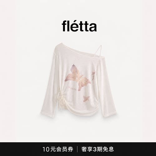 【现货】fletta蝴蝶数码印花斜肩长袖露肩t恤春季女透气网纱罩衫