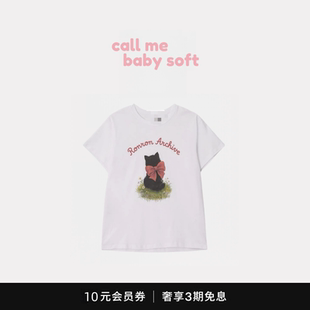 RON韩国设计师款 猫咪印花宽松小众短袖 T恤女 callmebabysoft新款