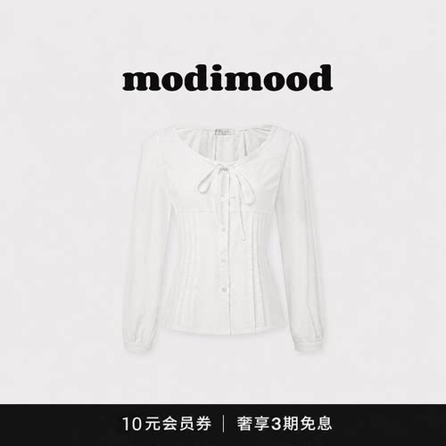 【现货】韩国modimood蝴蝶结绑带温柔收腰修身系带长袖衬衫上衣女