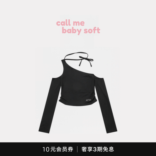 ●callmebabysoft韩国ason不对称斜领露肩绑带长袖女显瘦T恤上衣