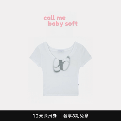 ●callmebabysoft韩国设计师微透薄款logo短款女上衣修身短袖T恤