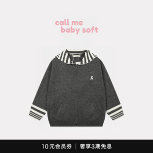 ●callmebabysoft韩国海军领灰色毛衣撞色rr条纹针织开衫外套秋