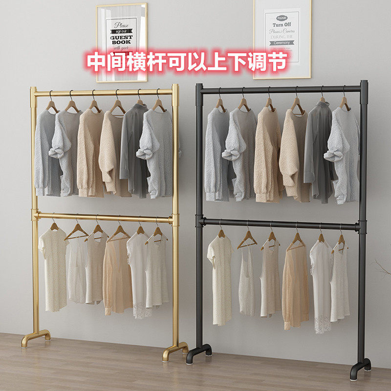 双层落地挂衣架可升降调节服装展示架卧室收纳架阳台双杆晾晒衣服_虎窝淘