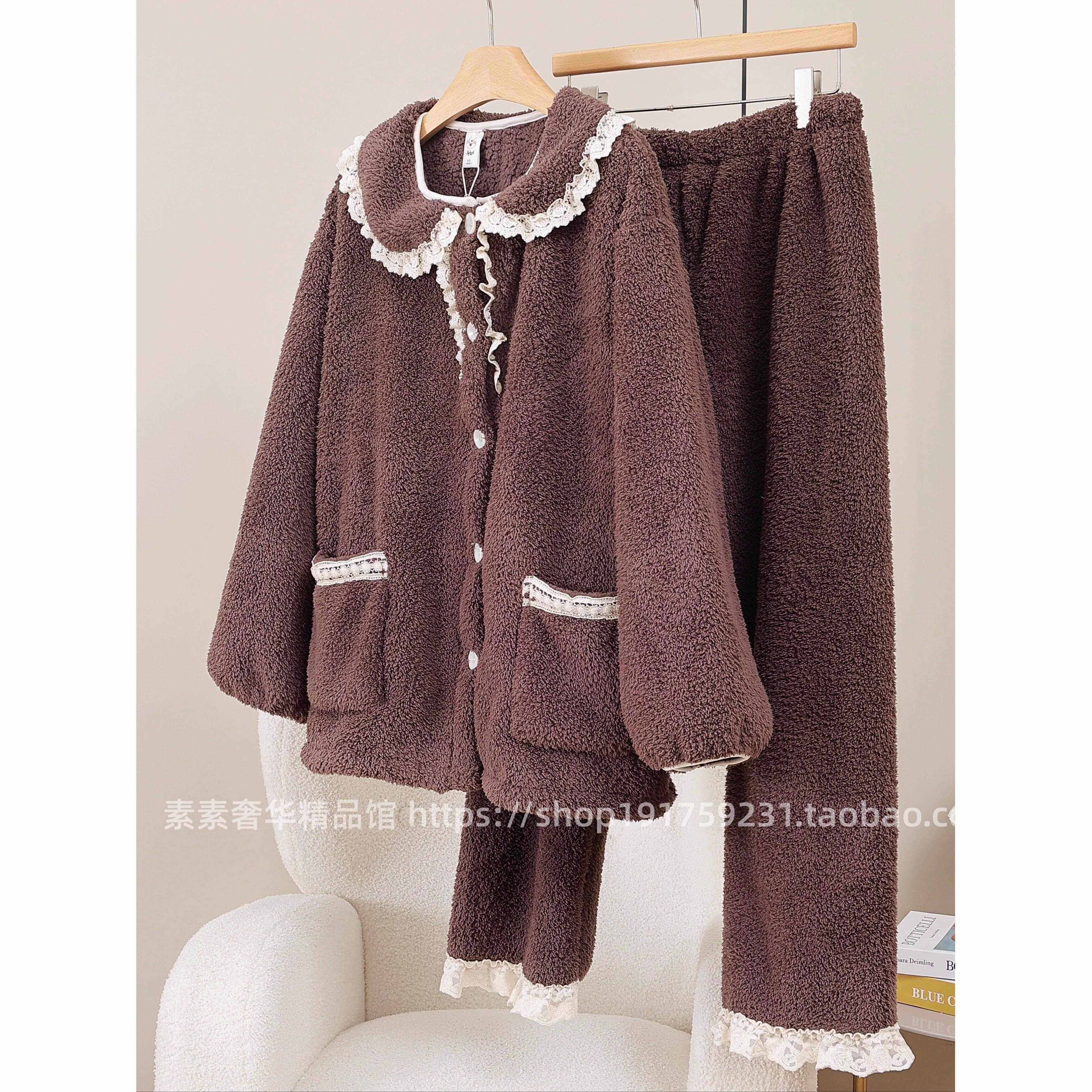 韩版蕾丝花边娃娃领珊瑚绒睡衣女冬季甜美休闲外穿加绒加厚家居服