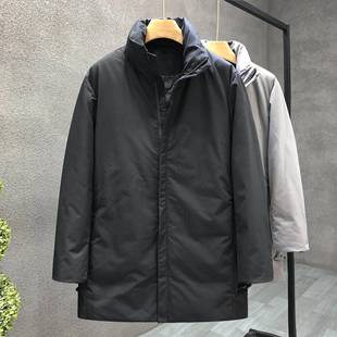 轻商务纯色羽绒服男中长款冬季加厚外套男士高档简约立领休闲上衣