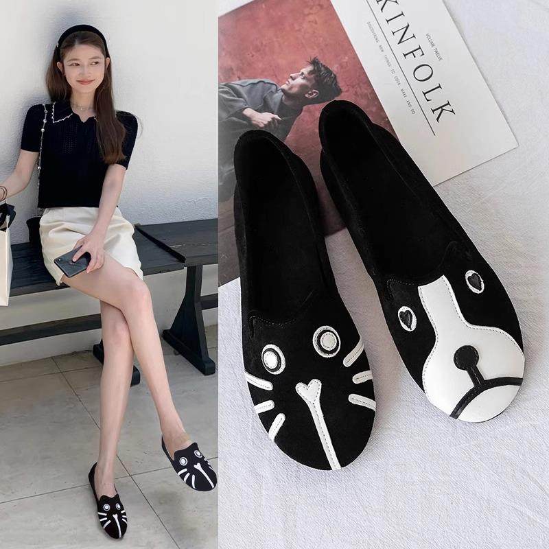 香港女性真皮猫狗鞋2025春季和秋季驾驶猫脸狗狗鞋平底孕妇便鞋