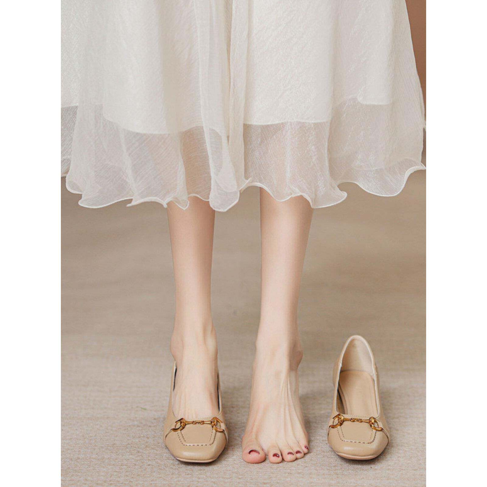 店主自留新款~真皮粗跟单鞋女2025春秋季方头中跟职业浅口高跟鞋