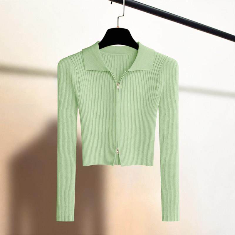 潮牌polo领拉链针织开衫女2025春秋季高腰紧身打底衫上衣外套毛衣