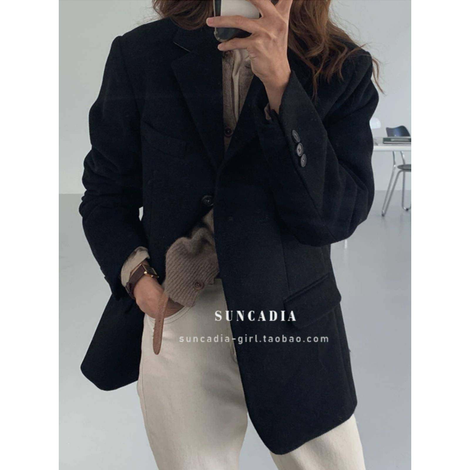 韩版英伦风毛呢外套女秋冬新款加厚宽松显瘦气质羊毛呢西装外套女