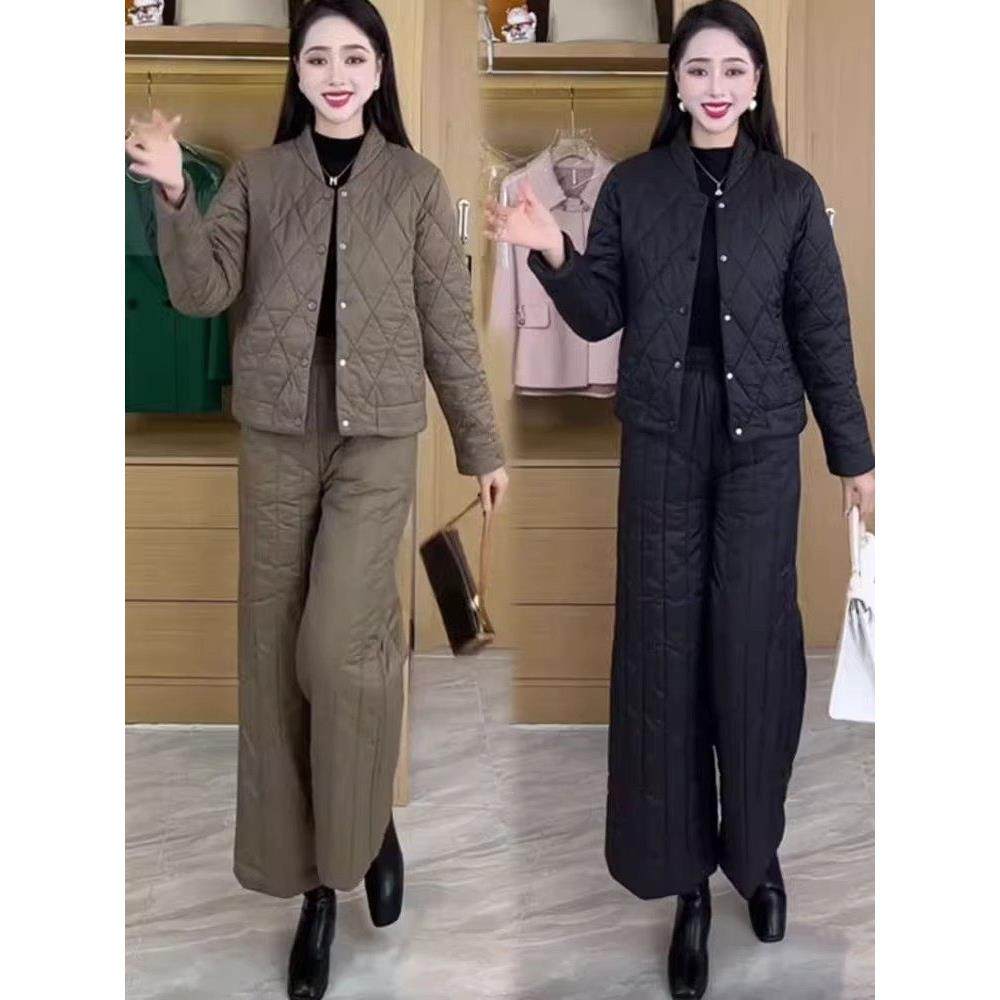 香港代购加棉加厚时尚套装女冬季新款时髦菱格保暖棉衣棉裤两件套