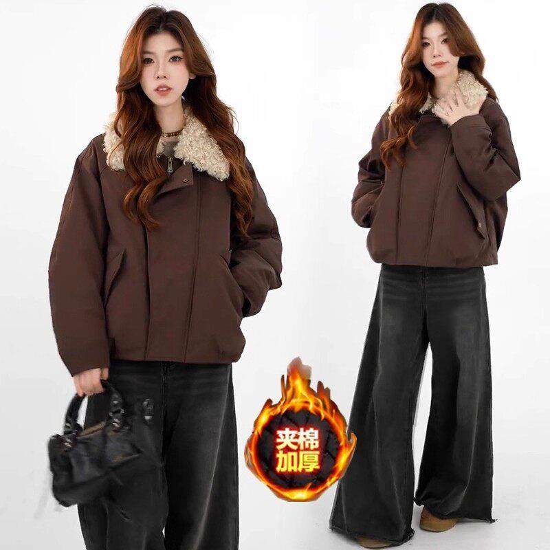 香港代购时尚派克服棉衣女冬季新款洋气质保暖羊羔毛翻领棉袄外套