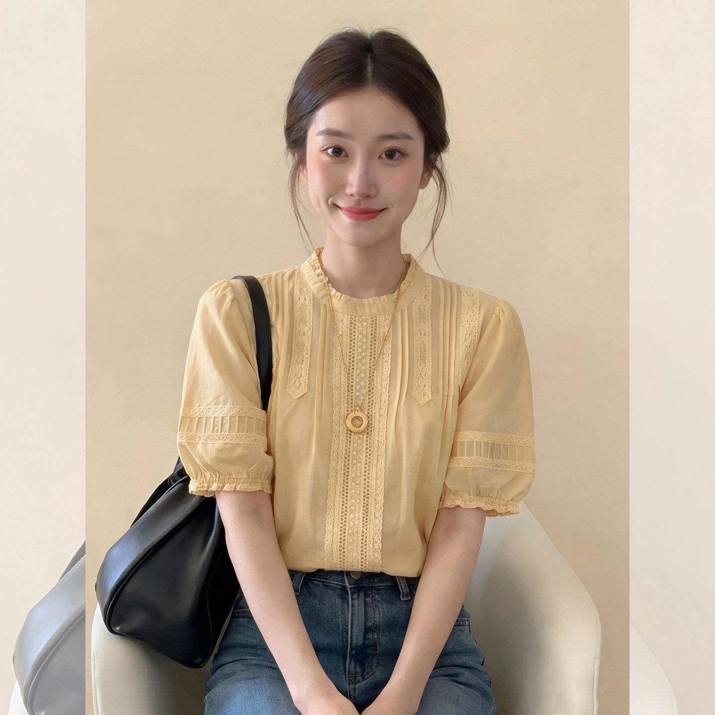 法式蕾丝泡泡袖t衬衫女士2026夏季新款高端上衣巨好看独特漂亮小
