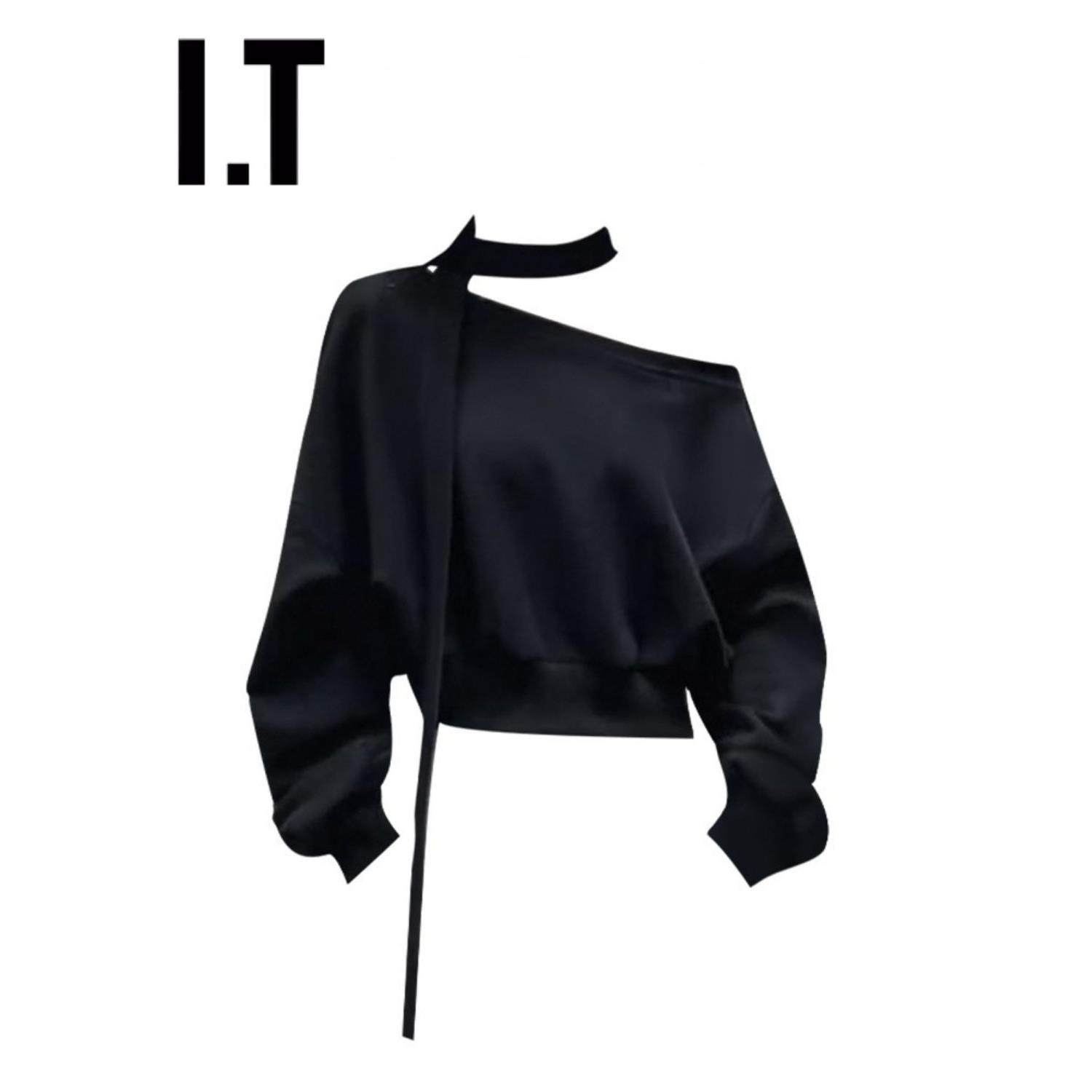 新品香港春秋韩系慵懒风斜肩飘带长袖卫衣女士超好看宽松短款上衣