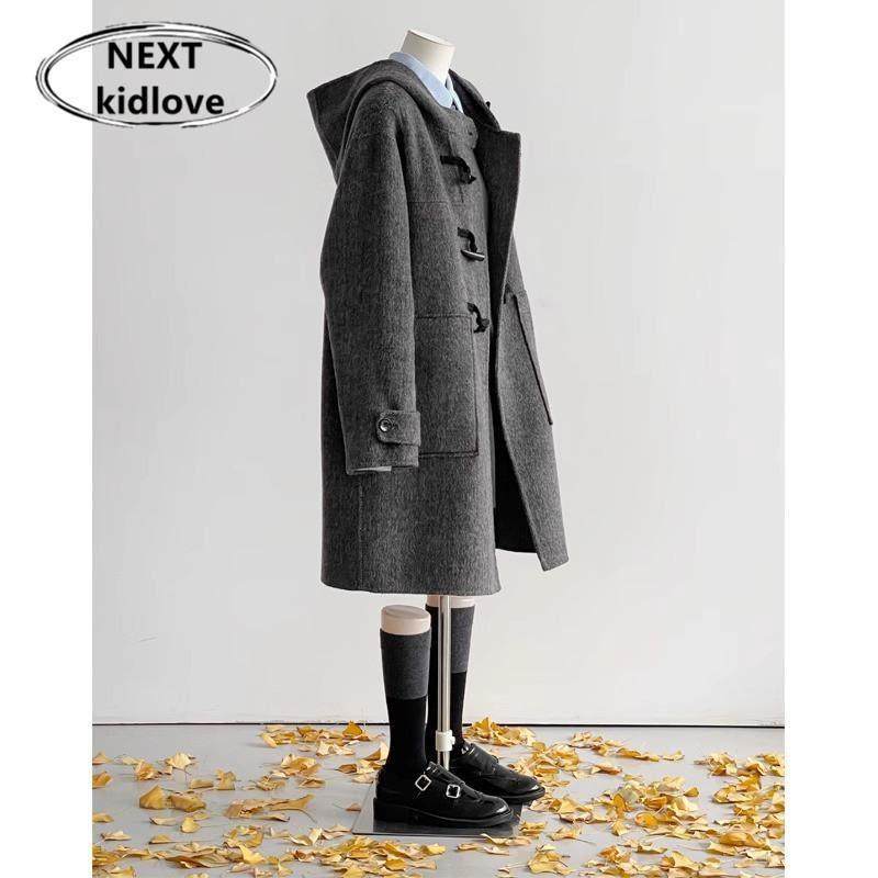 香港秋冬爆款牛角扣连帽灰色毛呢外套女士加棉加厚中长款呢子大衣