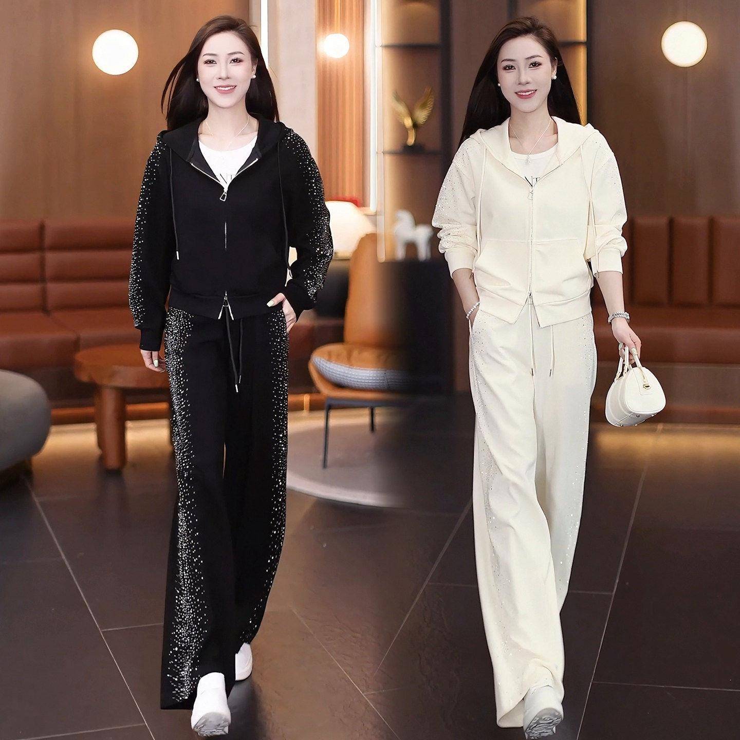 香港代购休闲套装女春新款洋气显瘦烫钻开衫卫衣阔腿裤运动两件套