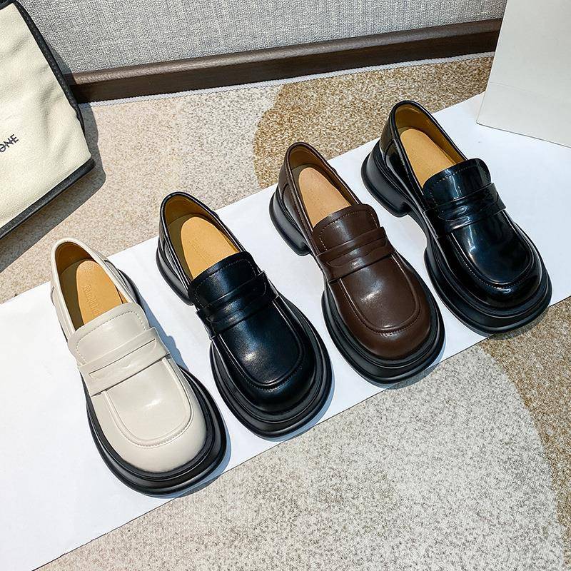 香港厚底真皮乐福鞋女2025新款一脚蹬英伦风圆头小皮鞋松糕底