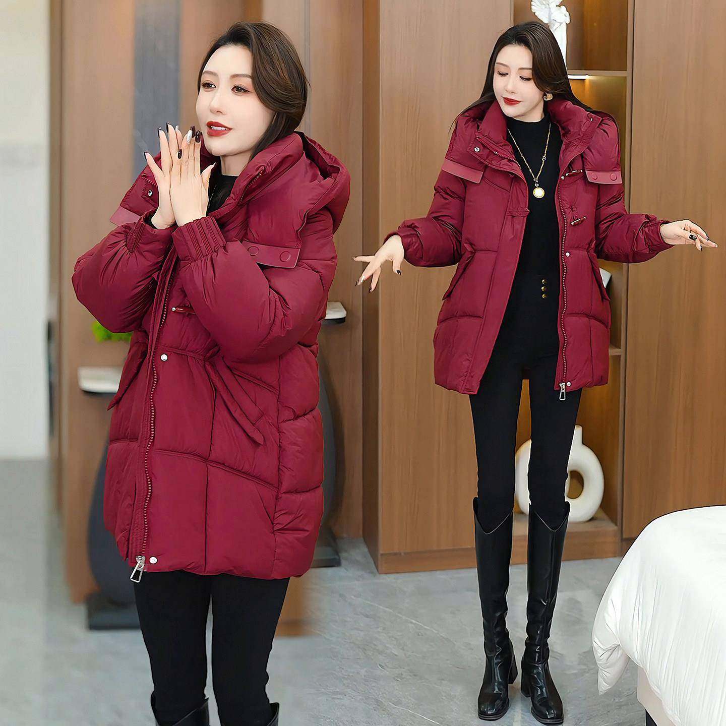 香港代购韩版中长款棉服女冬季新款连帽收腰棉衣加厚保暖棉袄外套