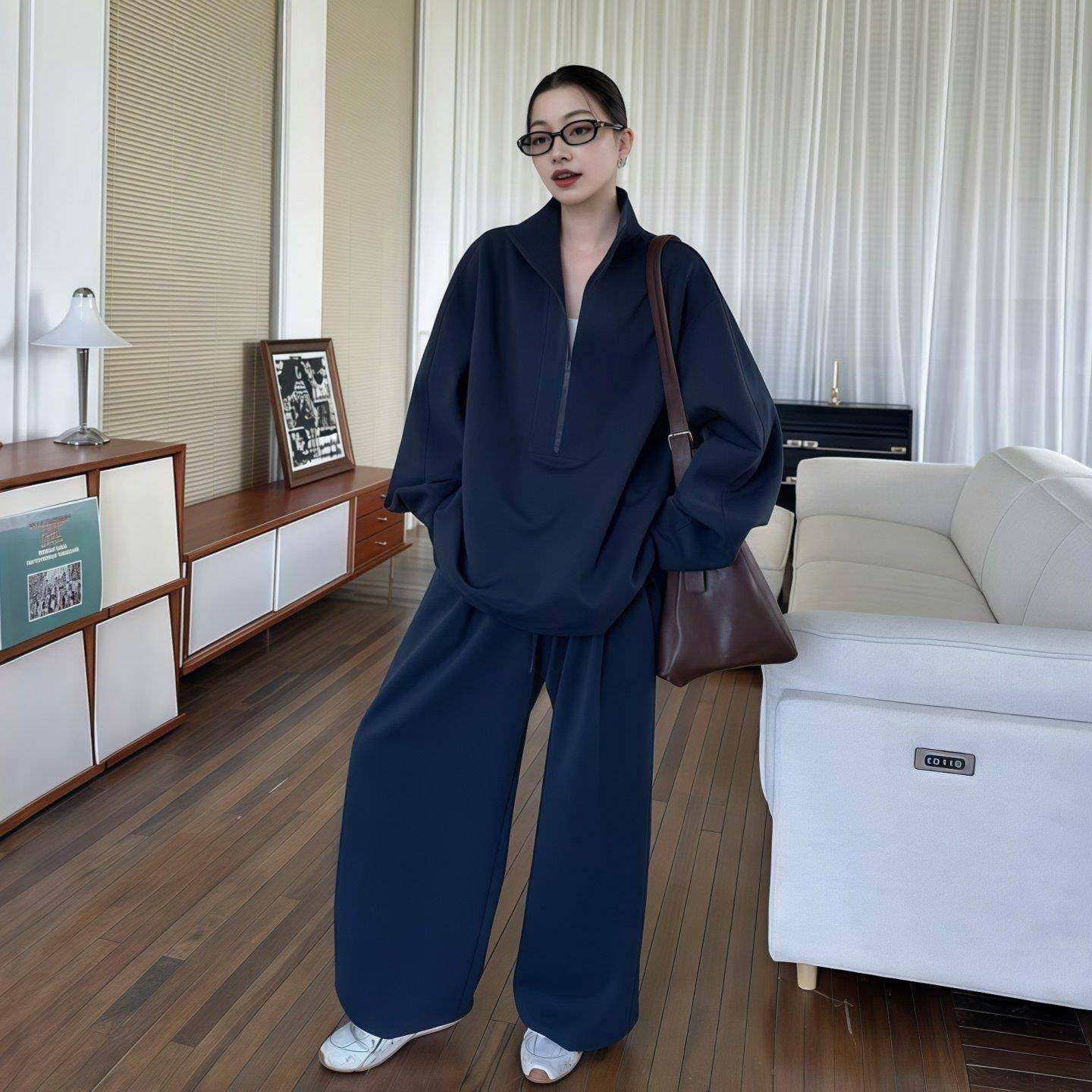 欧洲站时尚休闲套装女2025秋季大码胖MM半拉链卫衣阔腿裤两件套潮