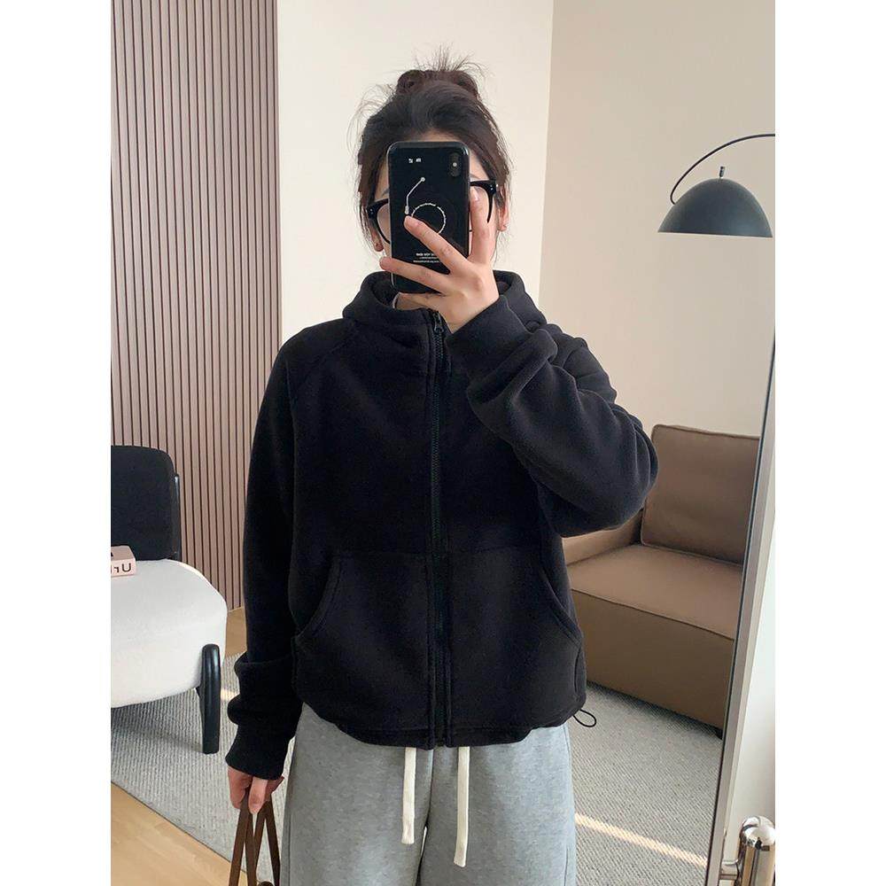 欧洲站黑色连帽加厚加绒卫衣外套女2025年秋冬新款拉炼开衫上衣潮