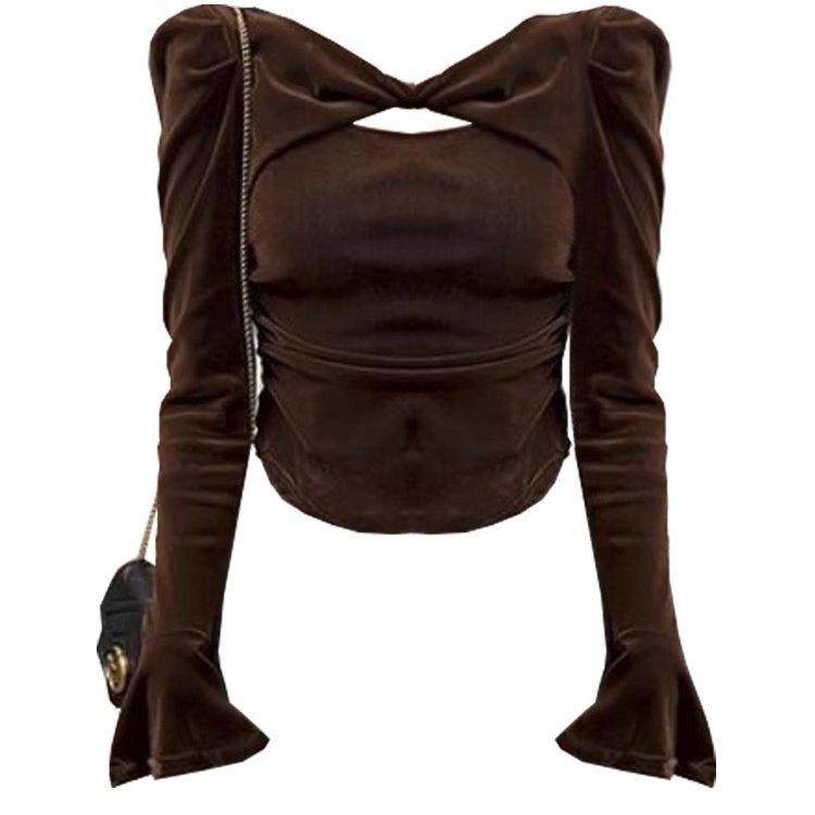 新品香港秋冬新法式金丝绒镂空长袖T恤女喇叭袖修身显瘦打底上衣