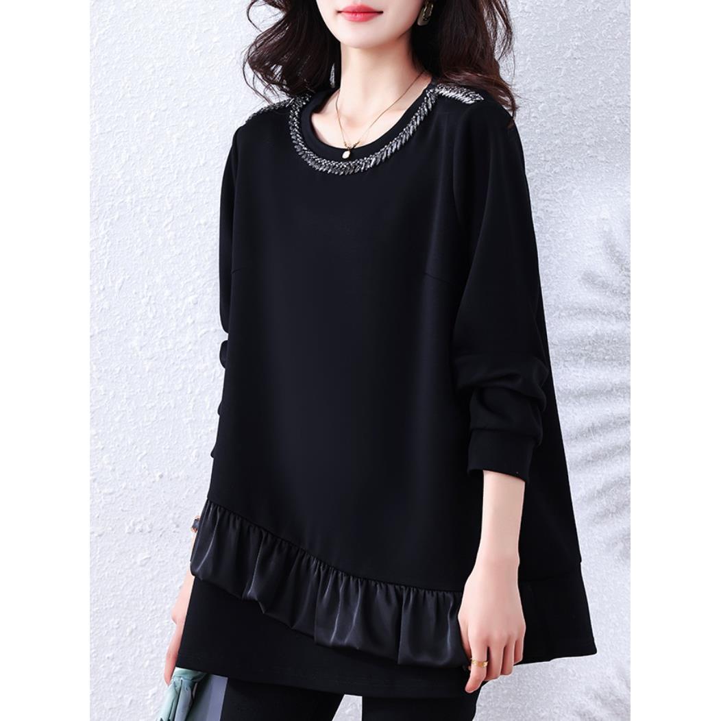 设计感拼接钉珠长袖T恤大衫女春秋季新款大码休闲百搭时尚上衣潮