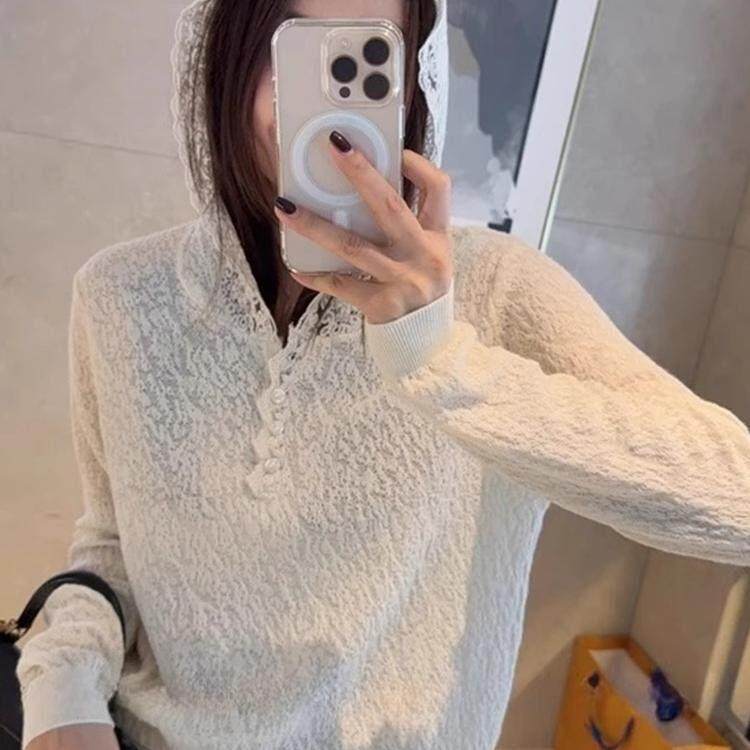 香港法式气质长袖针织衫女2025春新款高级感显瘦别致蕾丝连帽欧货