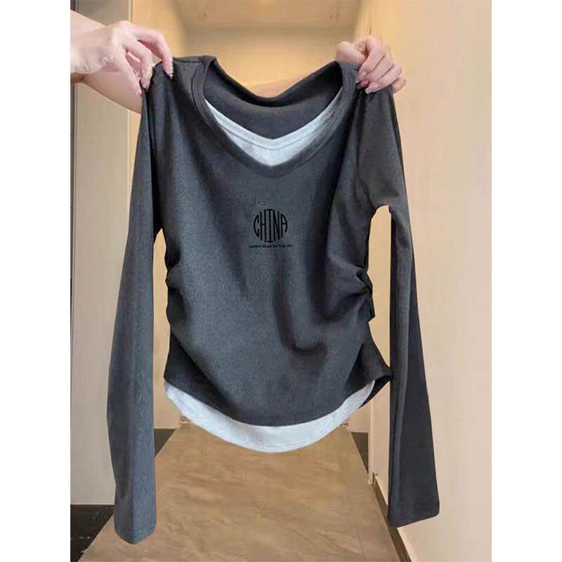 韩国2025纯棉V领假两件长袖t恤女装收腰修身显瘦深灰色上衣秋冬季