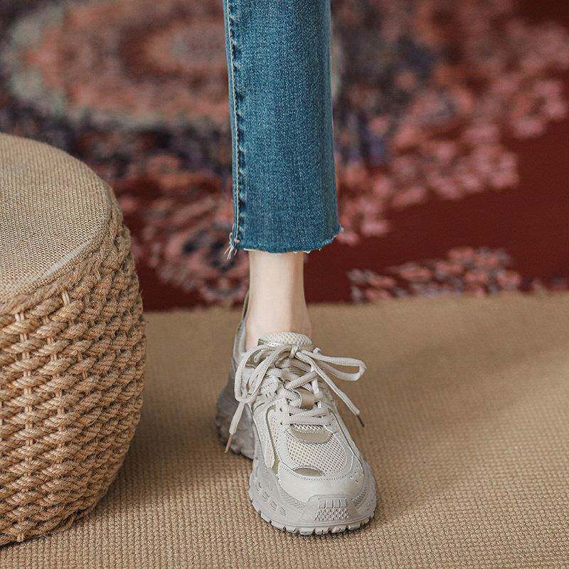 港风轻奢新款~真皮厚底老爹鞋女2025春秋百搭增高轮胎休闲 运动鞋