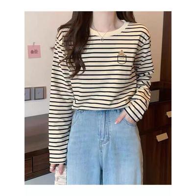 纯棉条纹长袖t恤女装2025新款时尚百搭洋气上衣打底衫春秋冬季