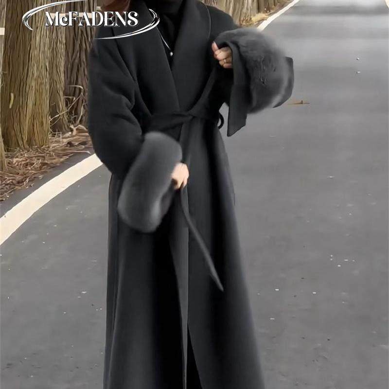 香港欧洲站2024冬季新款毛呢过膝长款韩版袖口拼接设计女大衣外套