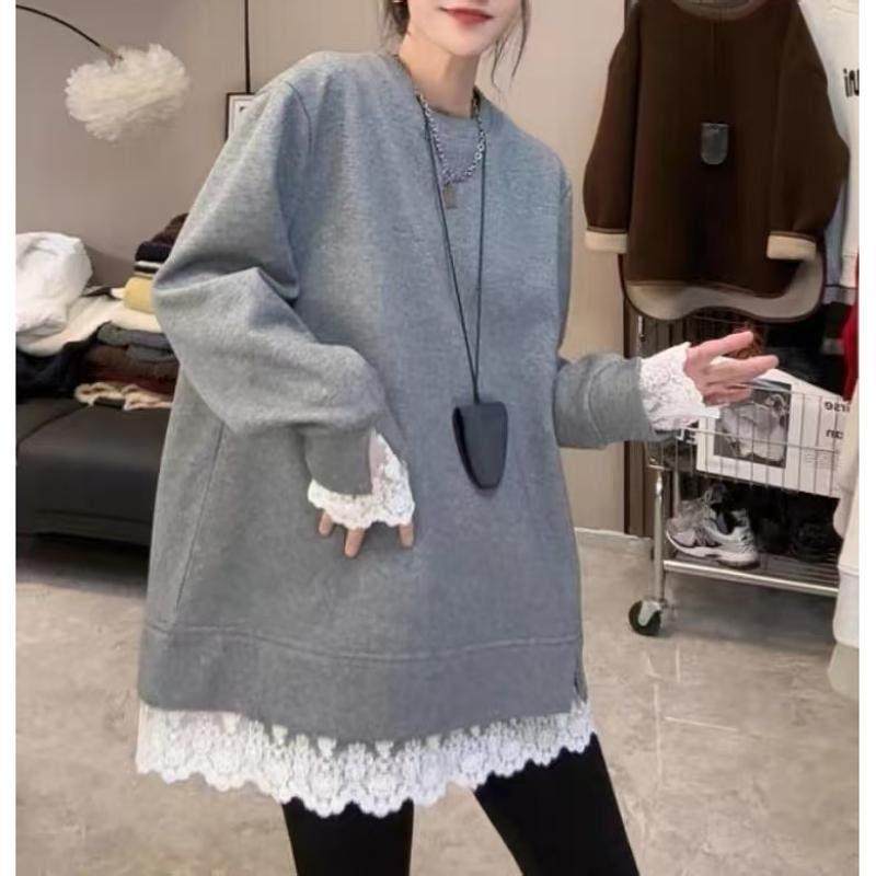 香港圆领加绒卫衣女秋冬2025新款大码胖mm慵懒风假两件中长款上衣