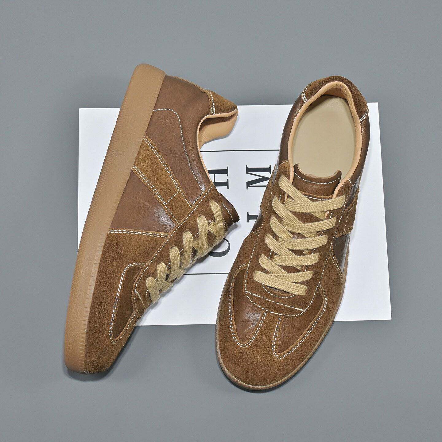 香港真皮棕色德训鞋男新款男鞋板鞋经典休闲鞋子复古阿甘鞋男款秋