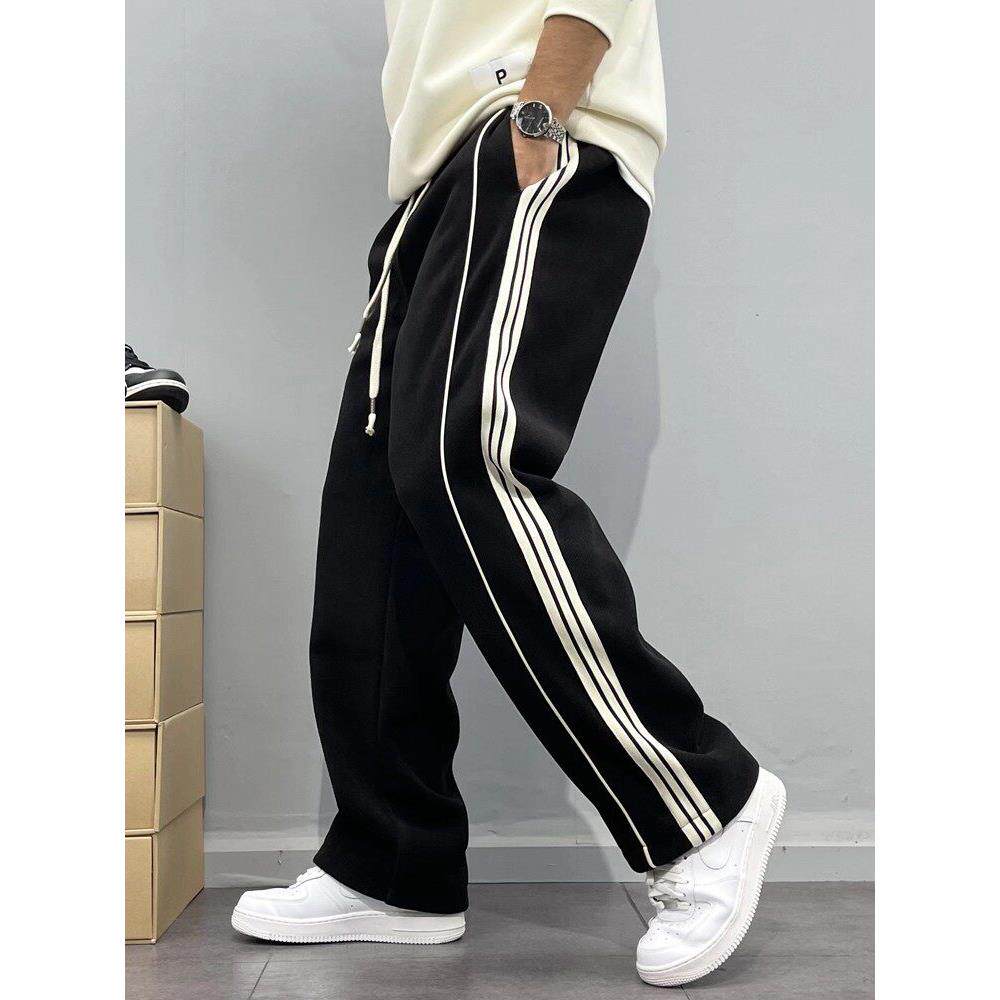 GM新潮 冬季侧边白条拼色加绒加厚直筒休闲裤男宽松高街针织长裤