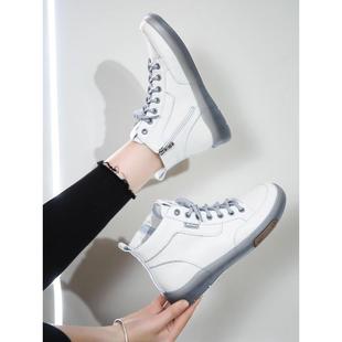 真皮高帮休闲鞋女2025年春秋季新款牛筋底短靴圆头马丁靴平底单鞋