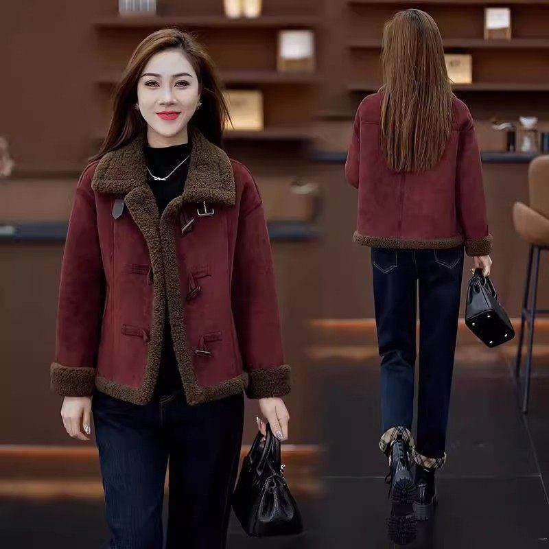 香港代购羊羔毛外套女冬季洋气显瘦加厚麂皮绒皮毛一体羊羔绒上衣