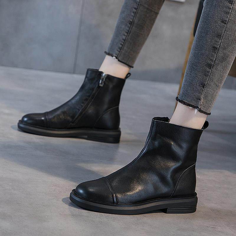 香港2024秋冬新款英伦马丁靴女加绒头层牛皮平底短靴百搭真皮单靴