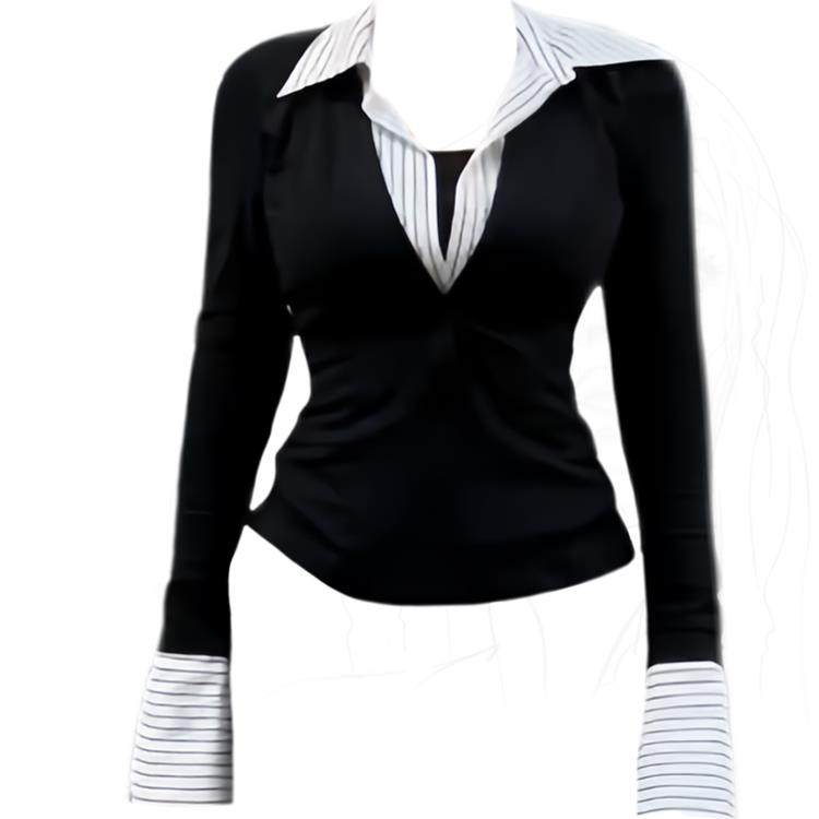 新品香港春秋新大码假两件polo领长袖T恤女条纹拼接修身显瘦上衣